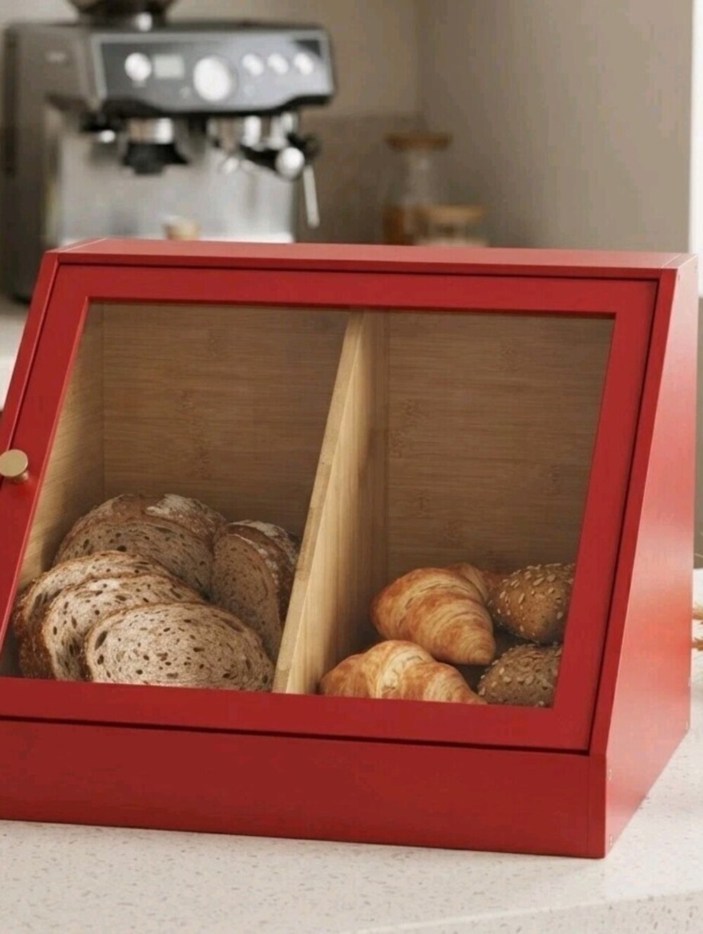 Calbon Red Bamboo Bread Box Countertop Cabinet Clear Door 2 Compartment Rare